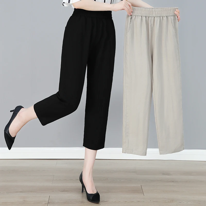 New Summer Fashionable Comfortable Versatile Breathable Thin 7-Point Trousers Women'S Loose Casual High Waist Straight Leg Pants