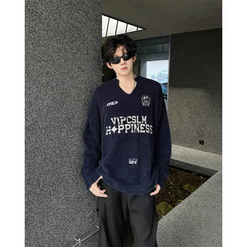 

Retro American Bae Print V-Ne Knitted Sweater Spor Sle Men's Jaet Autumn 2025 Casual Long Sve Thermal Polyester