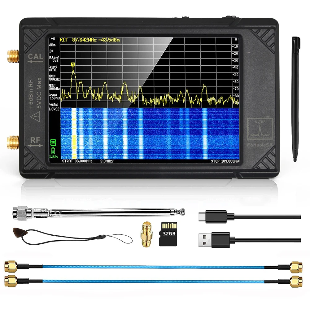 Handheld Tiny Spectrum Analyzer 100KHZ-5.3GHZ 4inch Display TinySA Spectrum Analyzer RF Generator 32GB Card with 3000mAh Battery