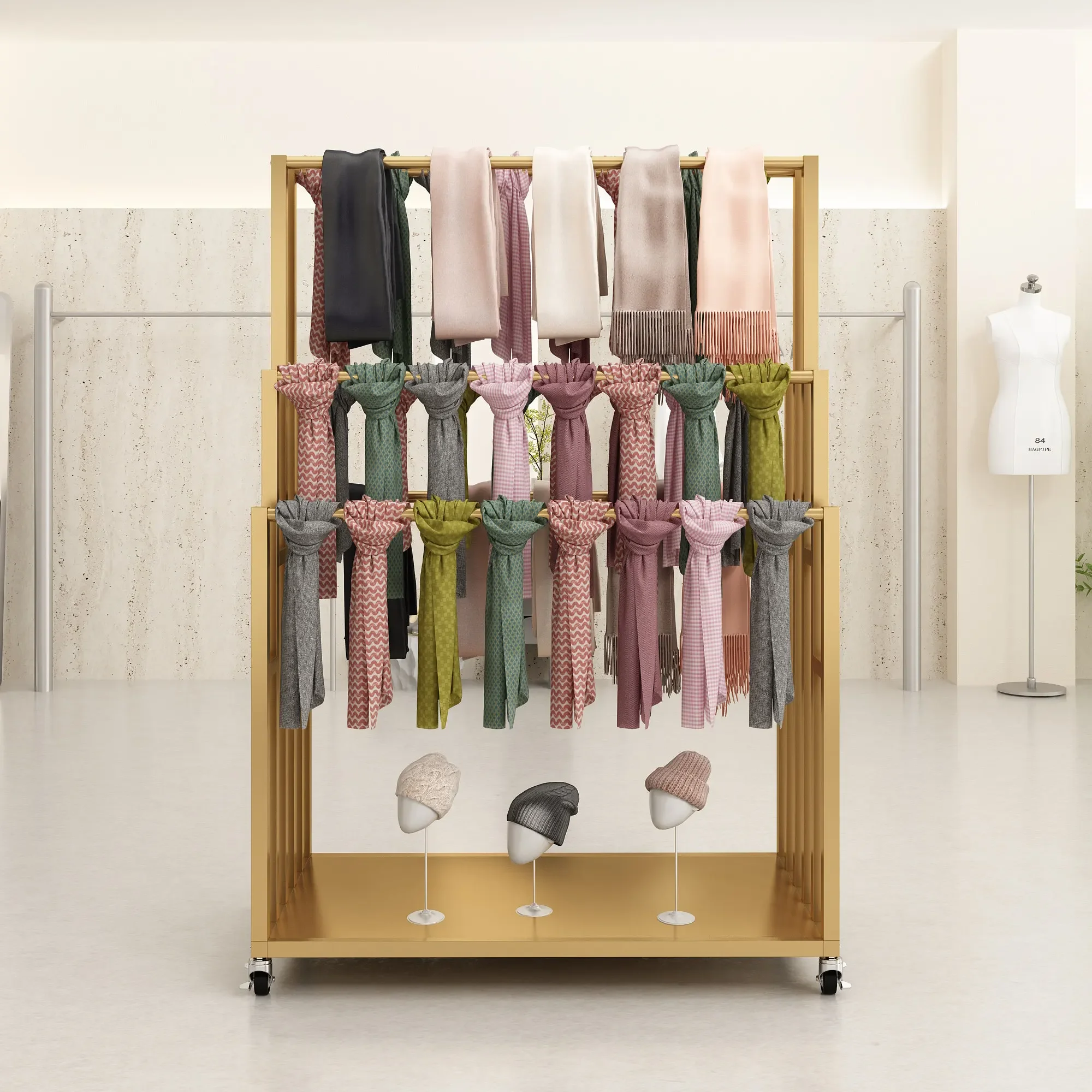 

Кованая напольная витрина-стеллаж для шелковых шарфов от магазина IronworkClothing, островной стеллаж для демонстрации шарфов, выдвижная полка-витрина для шарфов