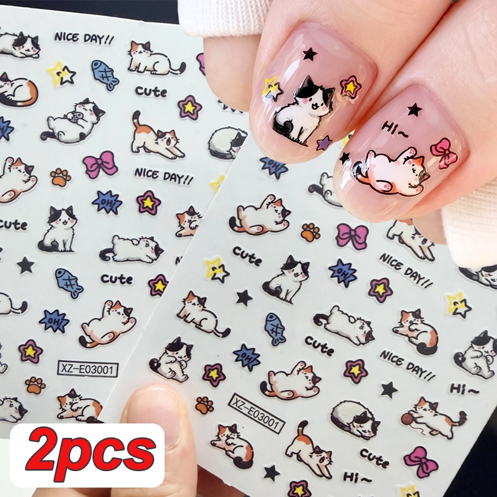 2pcs Cute Cartoon Cat Design Nail Stickers 3D Lovely Calico Black White Kitten Bow Fish Paw Star Pattern DIY Animal Nail Decor