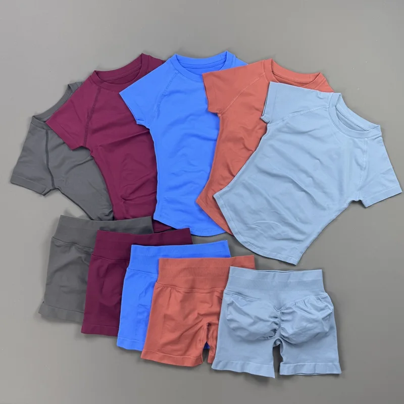2 Pieces Sport Set Women Seamless Short Sleeve Shirt High Waist Sports Shorts Slim Fit Breathable Athletic Gym Yoga Fitness Suit