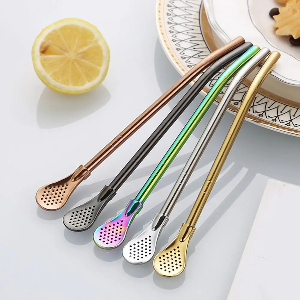 Kitchen Stainless Steel Straw Spoon for Drinks Reusable Tea Filter Stirring Straws Multi-Functional Leak-proof Drinking Straw
