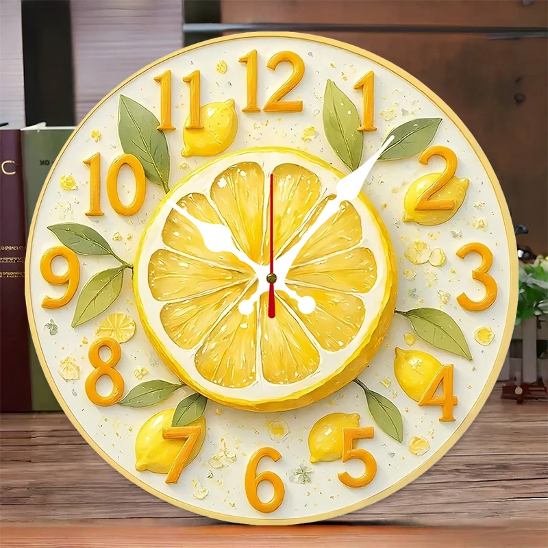 Lemon & Orange Wooden Round Silent Hanging Wall Clock, Suitable For Living Room, Office, Study Room, Bedroom, Home Decoration