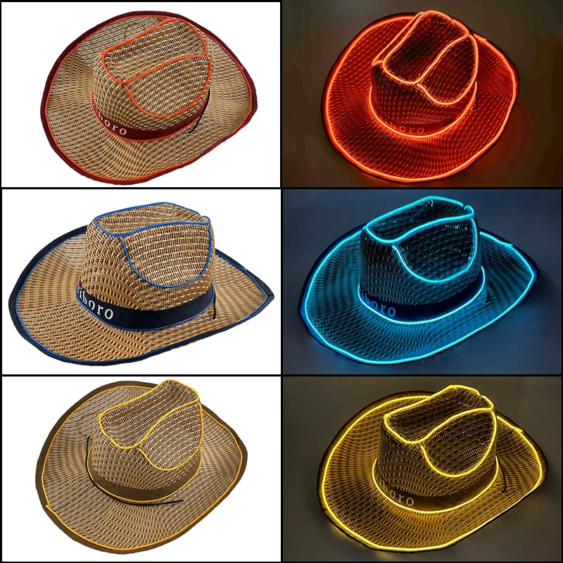 New Funny Western Cowboy Hat Glow LED Summer Caps for Women Men Wireless Neon Light up Cowgirl Hat Sun Protection Beach Hat