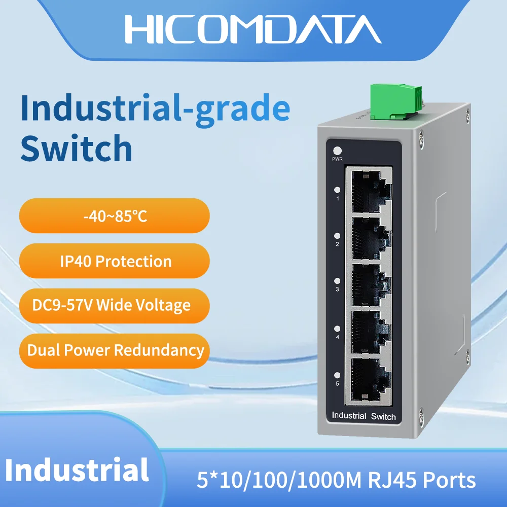 HICOMDATA Unmanaged Mini 5-Port Gigabit Industrial Switch, 1000Mbps Industrial Ethernet Switch, DIN Rail Mounting, Plug-and-Play