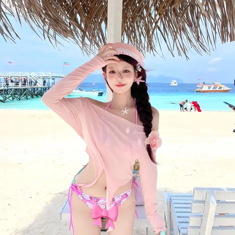 Sweet Girl 2-Piece Beach Swimsuit Pink Cartoon Print Push-up Bikini Set Sunscreen Cover-up Dress Uv Protection Vacation Swimwear