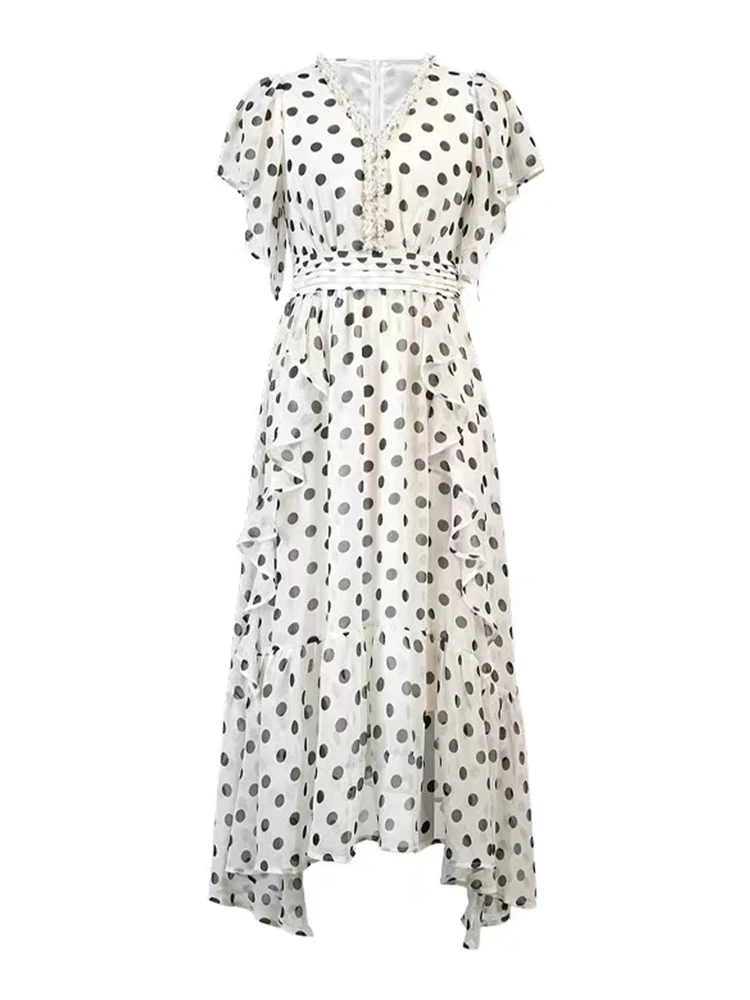 ชุดเดรสยาวทรงไม่สมมาตรหรูหราสำหรับผู้หญิง ดีไซน์เก๋ไก๋ ประดับด้วยลายจุด มุก เพชร ระบายพลิ้วไหว เหมาะสำหรับงานปาร์ตี้หรืองานพรอม