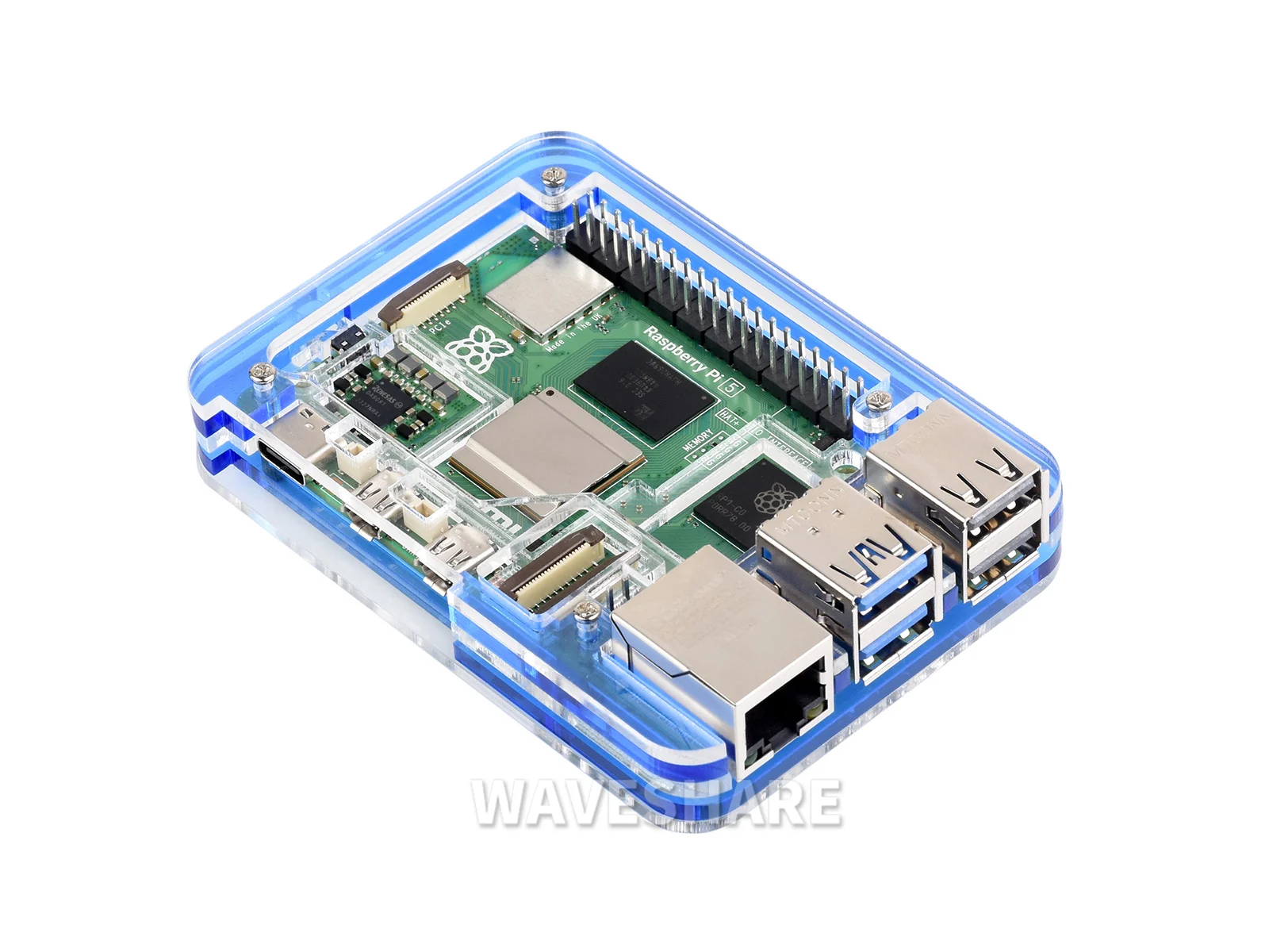 

Transparent and Blue Acrylic Case for Raspberry Pi 5, Supports installing Official Active Cooler