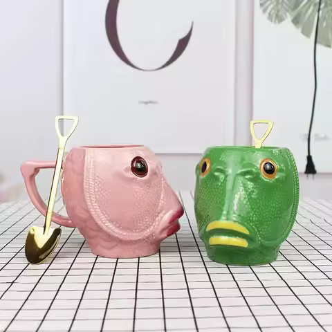 Funny And Creative Gift Green Headed Fish Ceramic Mug For Best Friend Large Capacity Pink Headed Fish Parody And Funny Gift