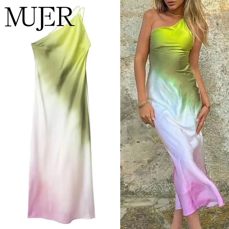 MUJER Tie Dye Long Dress Women Asymmertic Satin Backless Dress Woman Off Shoulder Sexy Evening Party Dresses Midi Summer Dresses