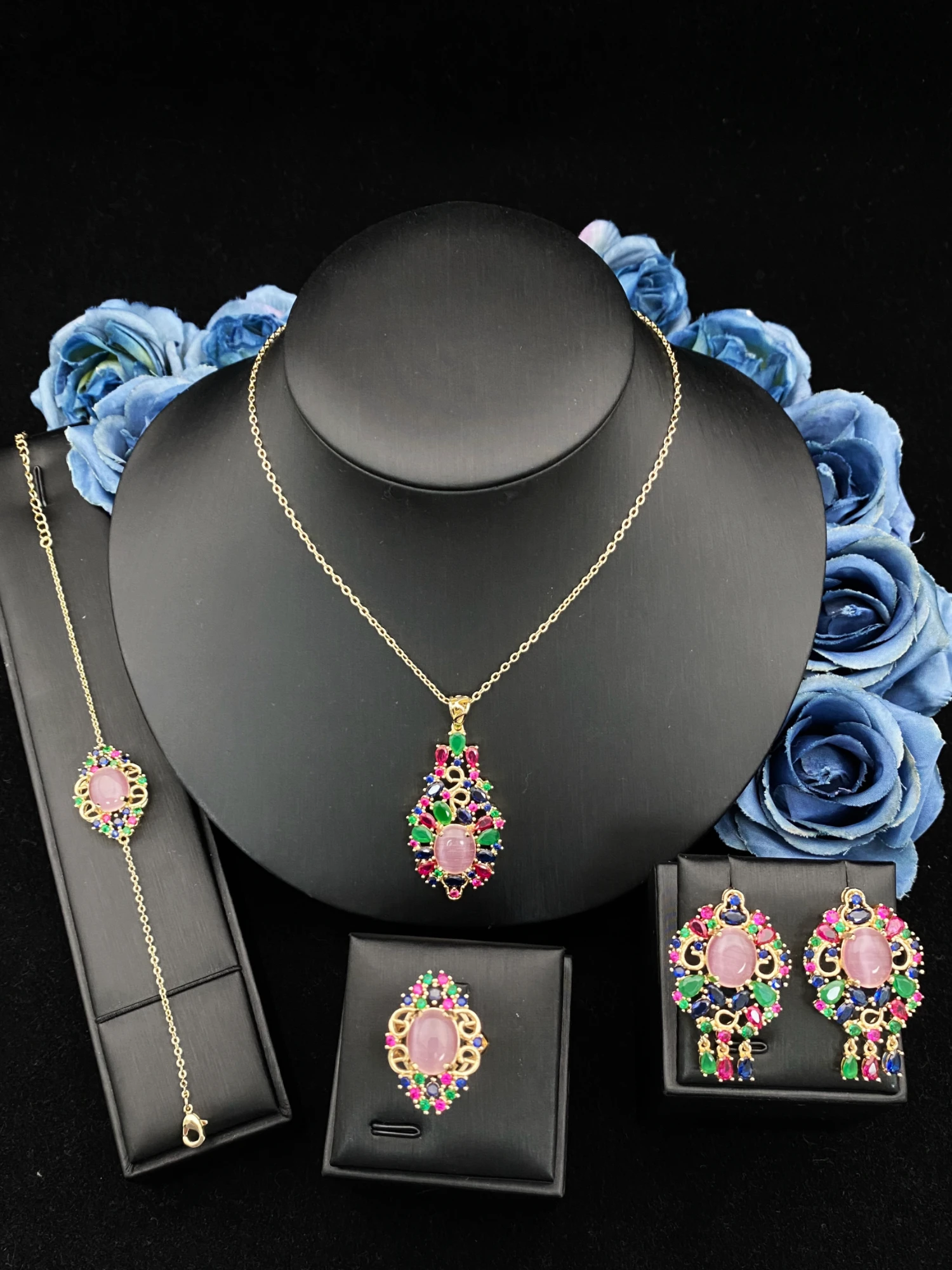 JRH Festival Gift Set Zircon Gold Plated Copper 4PCS Jewelry Women's Simplicity Exquisite Necklace Earrings Bracelet Ring