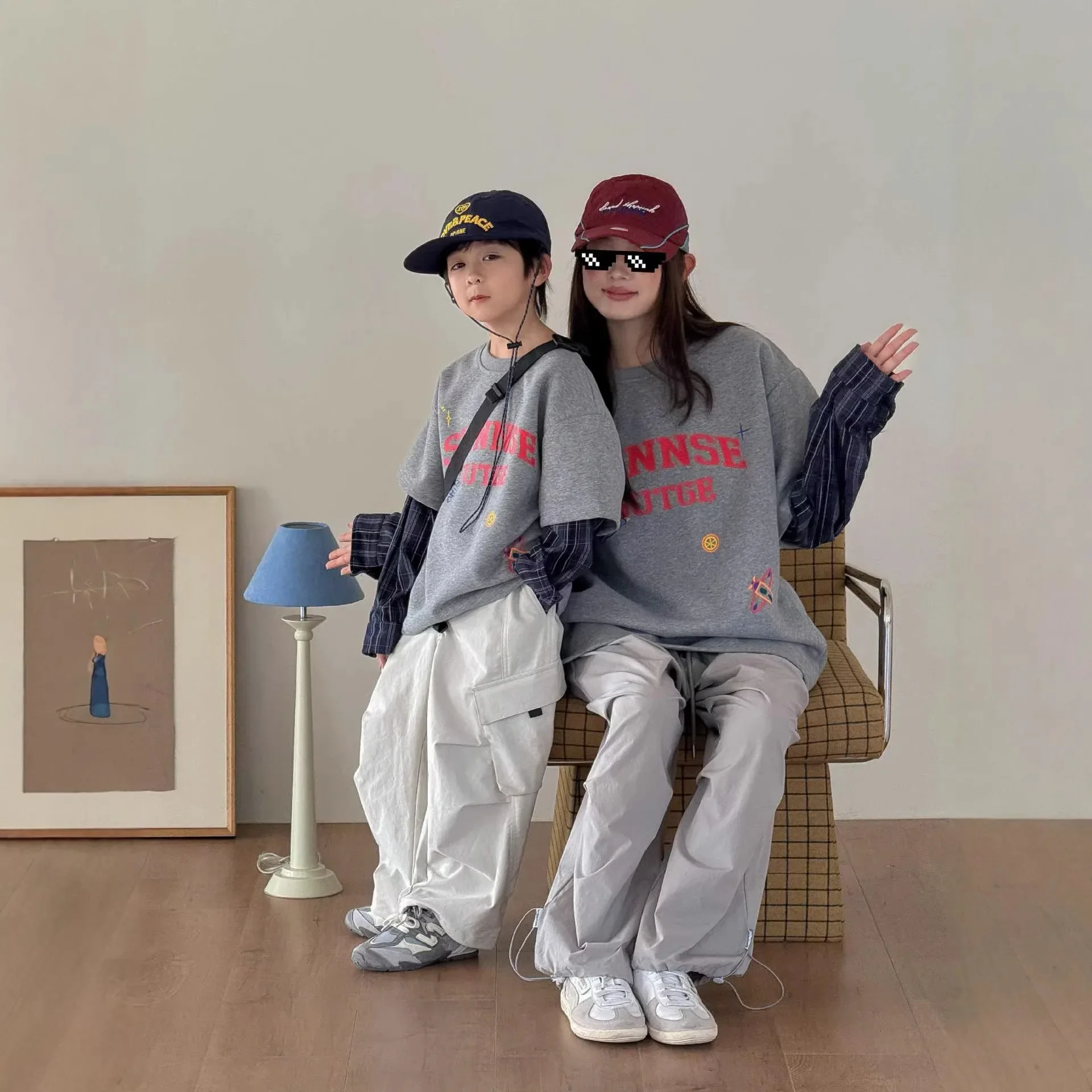 2026 Mommy and Me Matching Plaid Sleeve Layered Look Tee Family Outfit Casual Long Sleeve Cotton Top for Mom Dad Daughter Son
