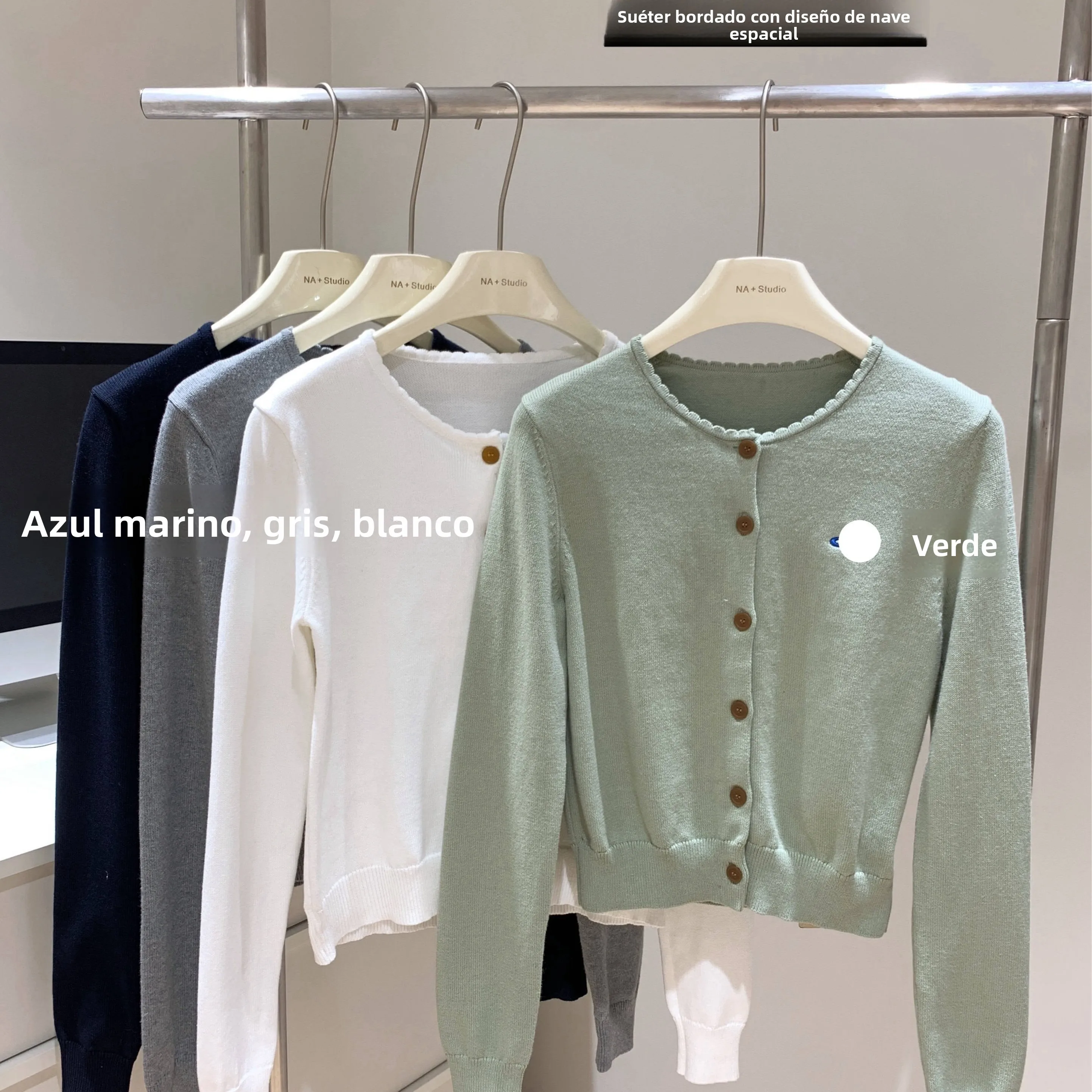 Suéter Cárdigan Abierto Mumei Nuo en Verde Saturno, Caqui, Azul Rey y Gris, para Mujer, Manga Larga, Tejido, Moda Otoño Invierno