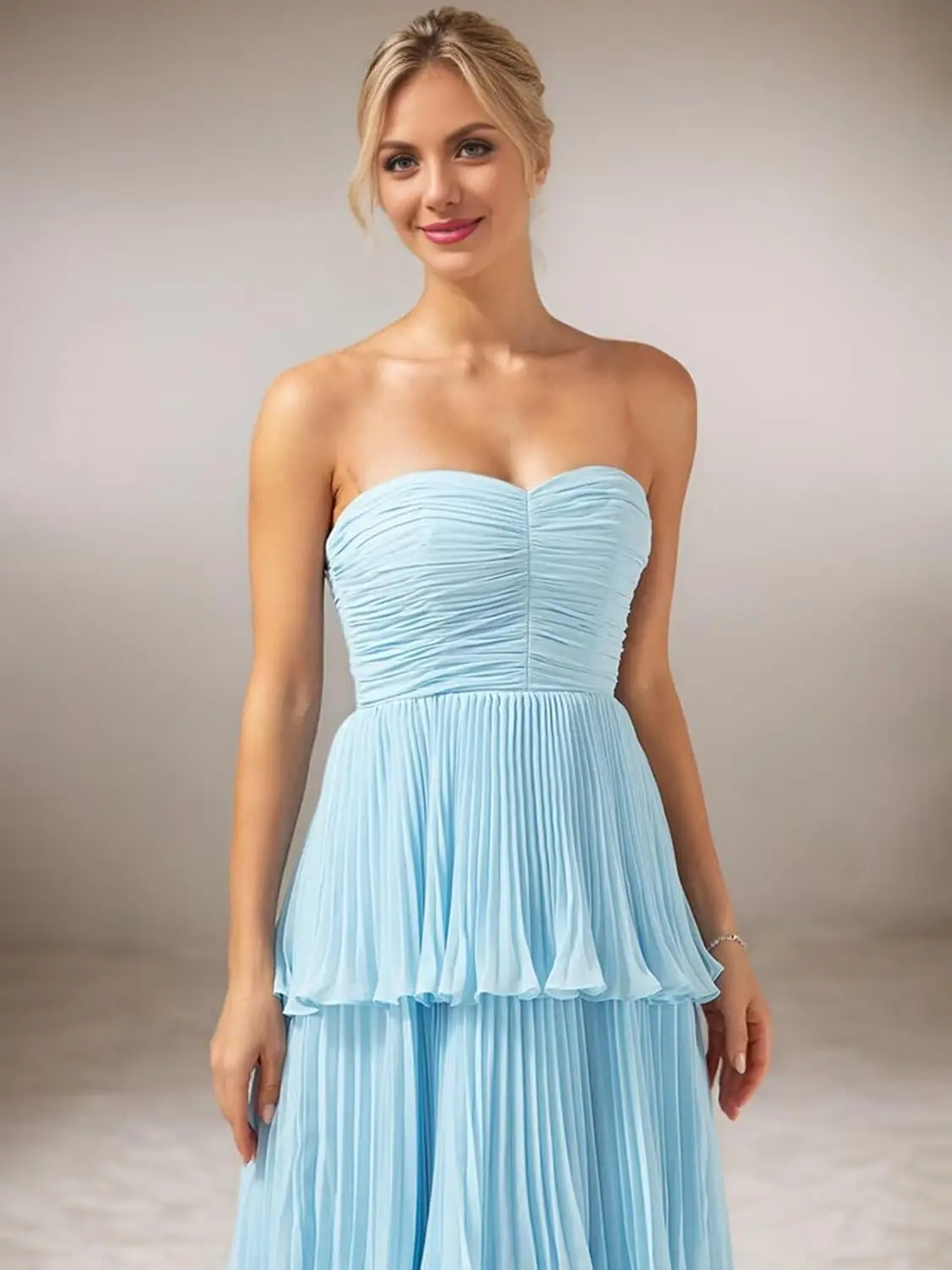 レディース ストラップレス ストラップレス ボールガウン、シフォンレイヤード、パーティーガウン、フリル付きブライズメイドガウン、レディース エレガント フォーマル イブニングガウン