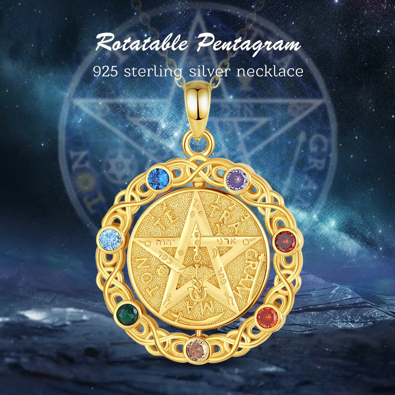 قلادة خماسية من الفضة الإسترليني للرجال والنساء ، ذهب 18 قيراط ، نجمة تشاكرا 7 ألوان ، قلادة Tetragrammaton ، هدية السحر