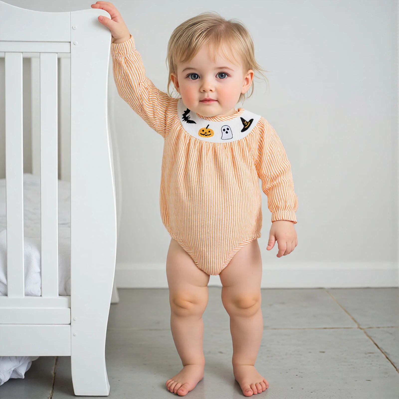 

Комбинезон в полоску для маленьких девочек на Хэллоуин, комбинезон с длинными рукавами и вышивкой призрака, круглым вырезом и пузырьками