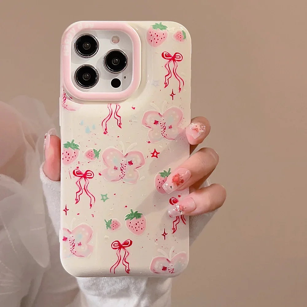 Fairy Pink strawberry butterfly bow sofa art Etui na telefon do iPhone 16 15 14 13 12 11 Pro Max Xr 14 16 Plus Etui Cute Soft Cover