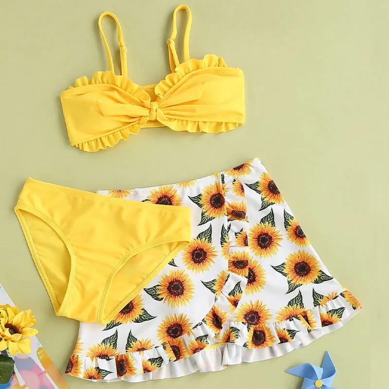 New Summer Kids costume da bagno Girls Set Girl girasole Print Ruffle Hem Bikini costume da bagno Ruffle Swimwear outfit Infant Hollow Bikini