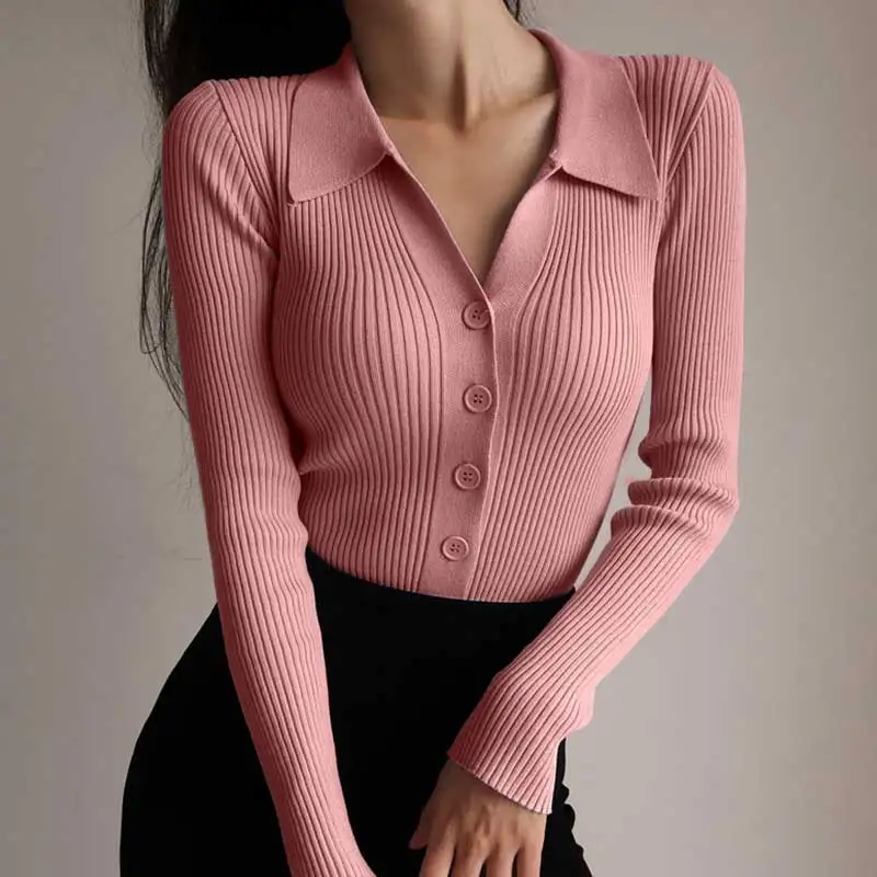 Suéteres con cuello de POLO para mujer, camisa de manga larga con botones huecos, Tops de punto, primavera y otoño