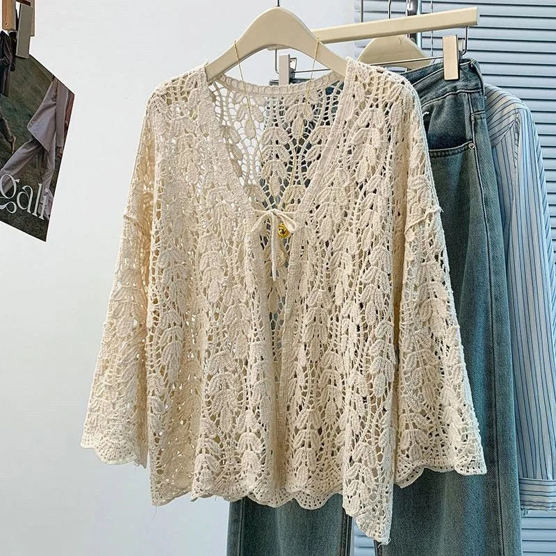 

Women's White Beige Hollow Out Crochet Kimono Lace Cardigan With Ties Boho Style Cotton Cover Up Shirt Blouse Summer Jacket Coat