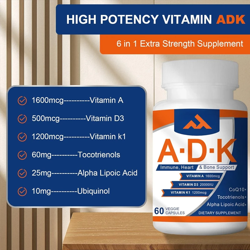 

ADK Vitamin Supplement 2000 IU - High Efficiency Vitamins A, D3, and K1 for Heart, Bone Health, and Immune Support, 60 Capsules