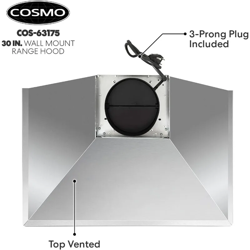 COSMO 63175 30 in. Wall Mount Range Hood with Efficient Airflow, Ducted,3-Speed Fan,Permanent Filters, LED Lights,Chimney Style