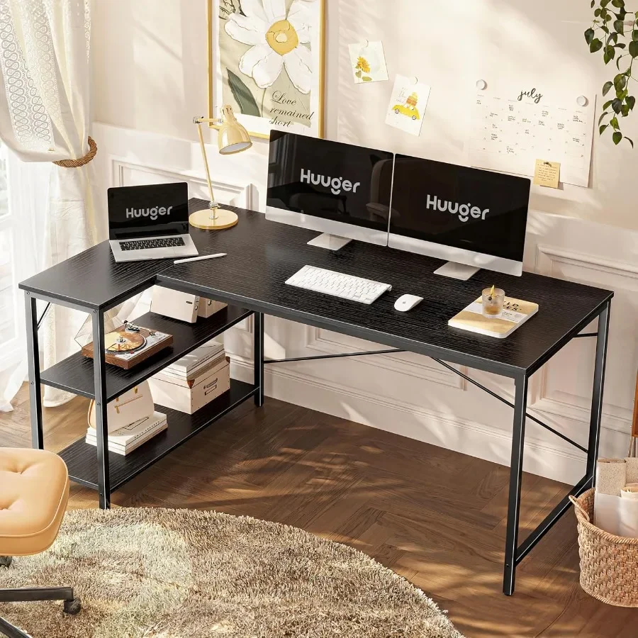 مكتب كمبيوتر على شكل حرف L مقاس 55 بوصة مع أرفف تخزين قابلة للعكس لزوايا الألعاب والمكتب المنزلي ودراسة الكتابة المعدنية المتينة #2