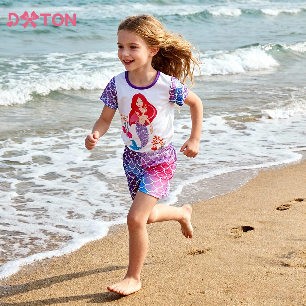 

DXTON Summer 2pcs Sportswear Suits Short Sleeve Girls T-shirts and Shorts Mermaid Printed Children Kids Beach Clothing Sets