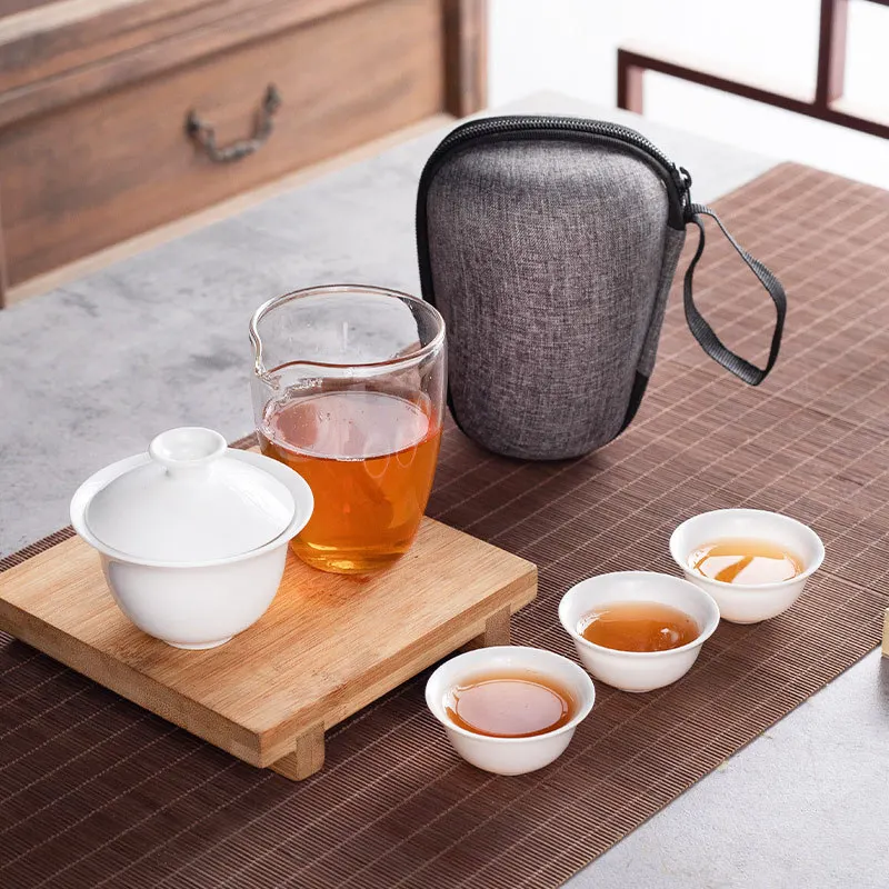 Porcelana branca chinesa Kung Fu Tea Set, simples ao ar livre portátil Travel Tea Set, tampa de cerâmica Bowl, agregado familiar