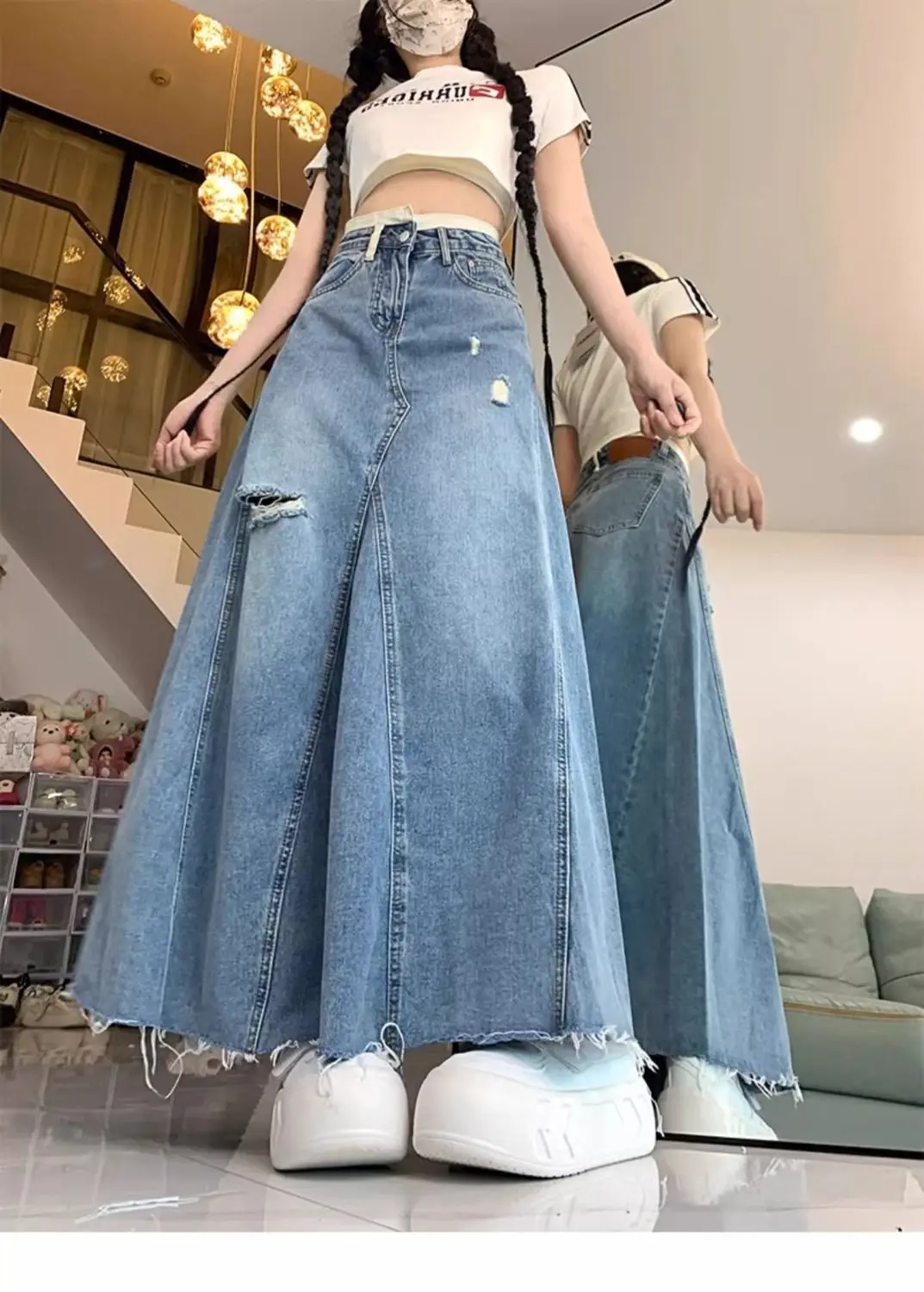 Denim Skirt Ripped Blue Large Size Retro Women'S Summer Fat Mm High Waist Slim Mid-Length A-Line Hip Fishtail Skirt