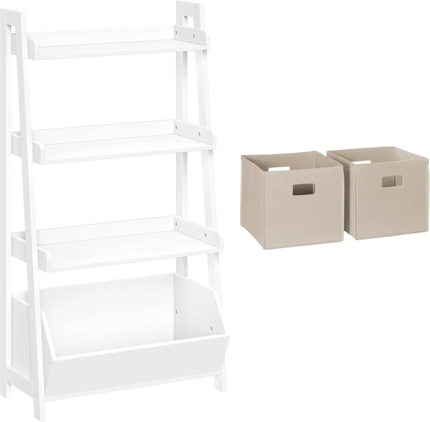 

Kids 4-Tier Ladder Shelf Bookcase With Toy Organizer Bin 2 Taupe Fabric Folding Bins And Spacious Open Shelves Display Stand