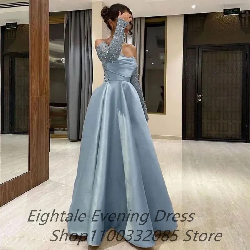 Eightale 2025 Light Blue Satin Strapless Prom Dress Beaded Sleeves Evening Dress Women Formal Party Gown Robes De Soirée