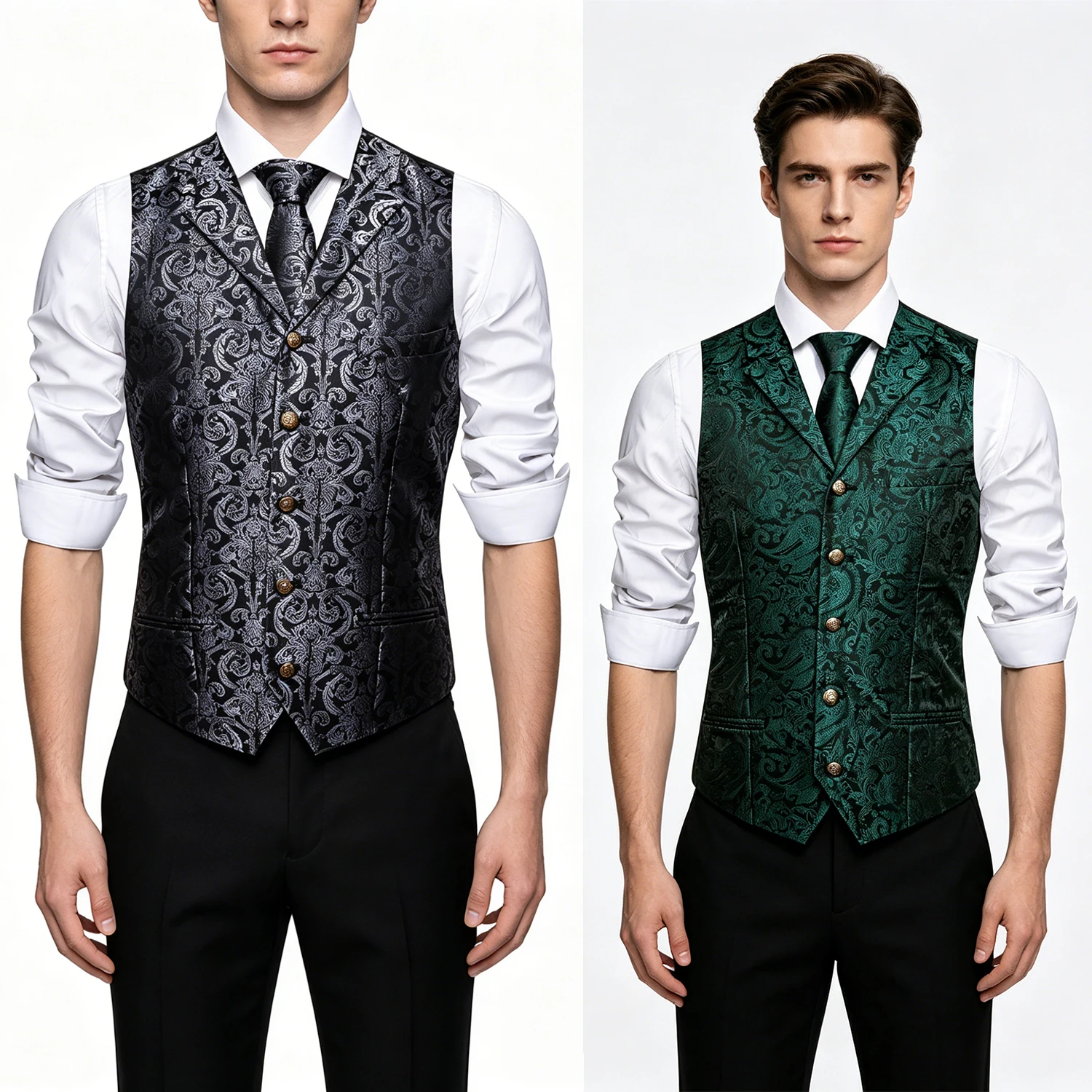

Formal Grey Green Paisley Mens Vest Party Wedding Waistcoat Pocket Square Tie Cufflinks Suit Set Gift Dinner