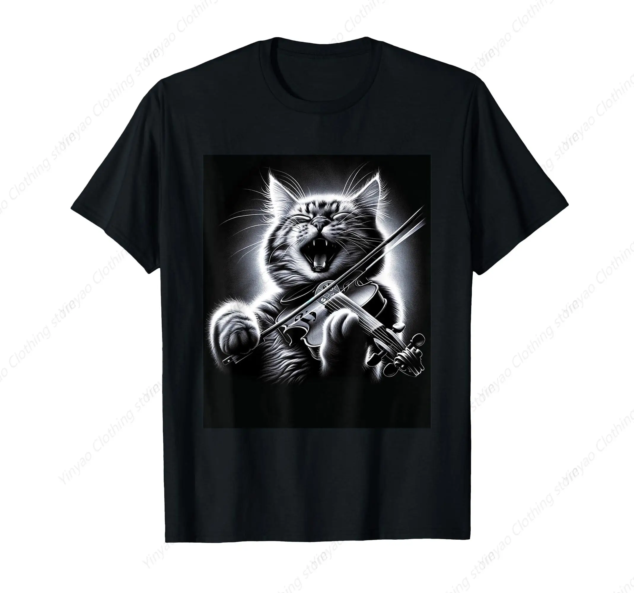 

Funny Band Musician Violinist Printed Shirt Rock Cat Animal Playing Violin T-shirt Pure Cotton Cool Clothes