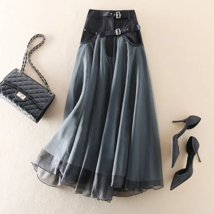 Fashionable High Waist Midi Skirt Women's New Style Spliced Mesh Half Body Fairy Skirt Elegant Versatile mid Length Skirt