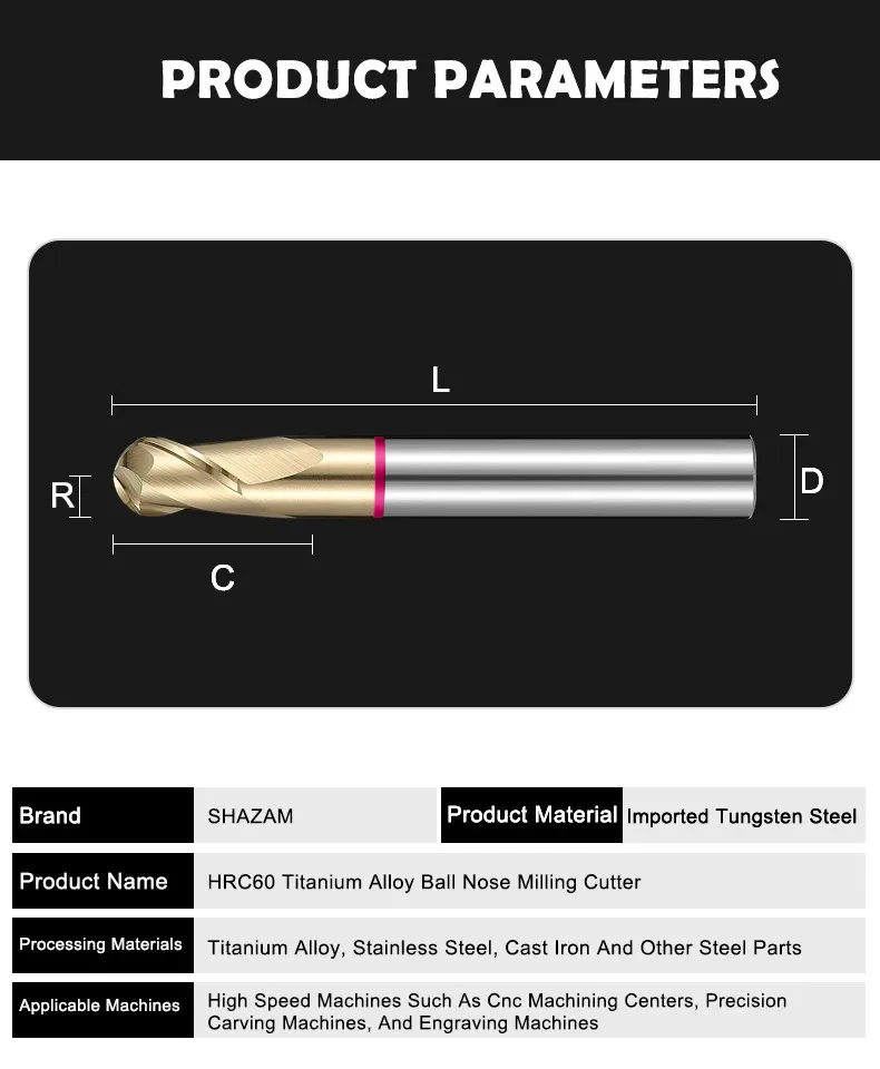 SHAZAM TGP-HRC60 2F Farbkreis-Kugelkopffräser aus Wolframstahl-Hartmetall mit AD-Beschichtung, Fräser, CNC-Mechanischer Schaftfräser – Detail 6