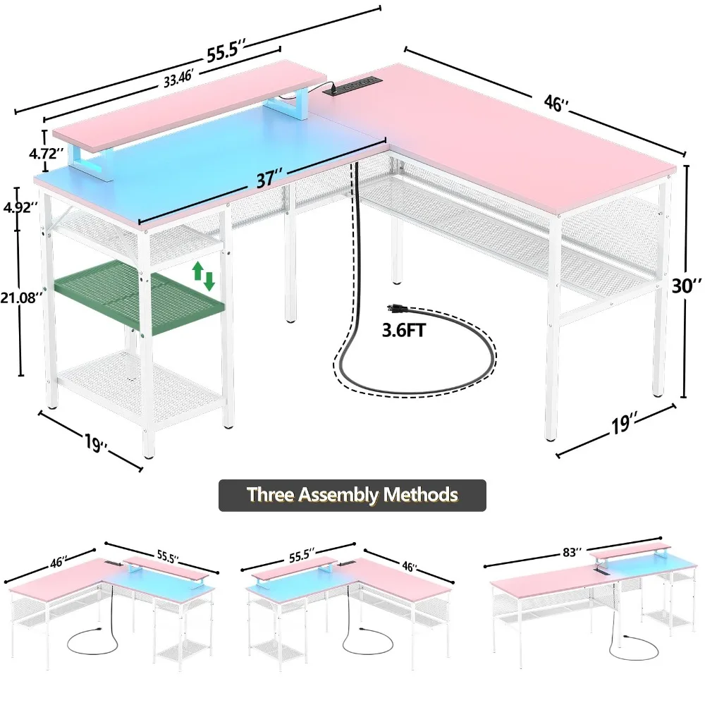 2024 New L Shaped Computer Desk with Magic Power Outlets and Smart LED Light