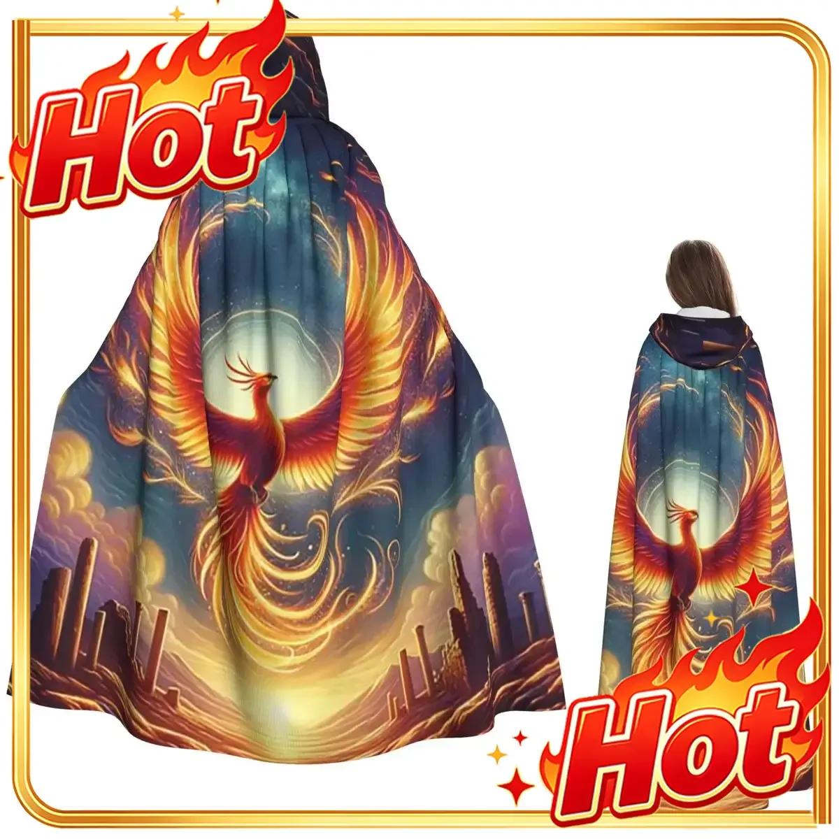 Phoenix Mythical Bird With Fiery Wings Long Hooded Cloak Witch Medieval Costume Cosplay Cape HalloweenVampire Adult Unisex