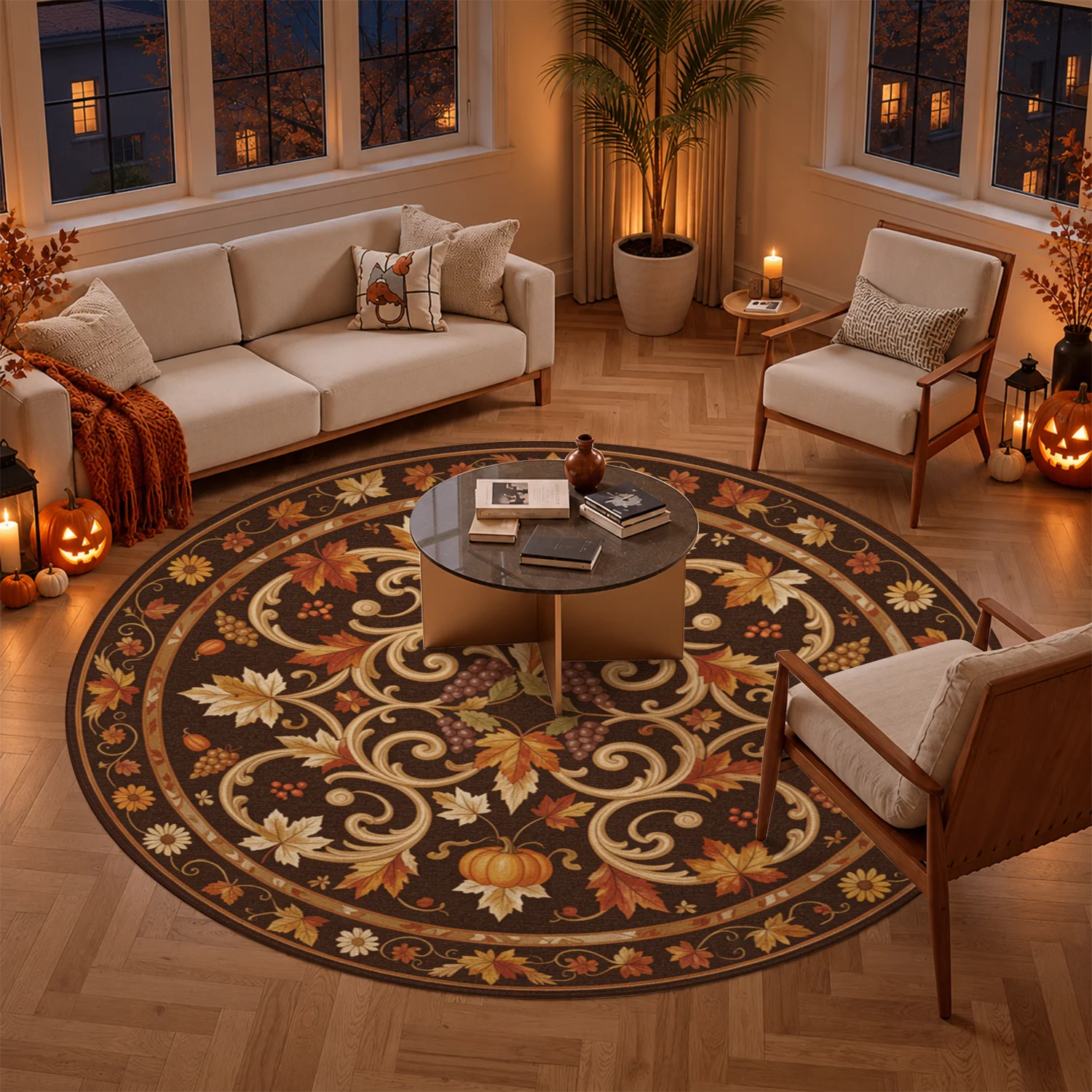 Autumn Maple Leaves Pumpkin Grape Pattern Round Area Rug Velvet Machine Washable Soft Floor Mat for Living Room Dining Room Entryway Ideal for Halloween Thanksgiving Christmas New Year Holiday Decor