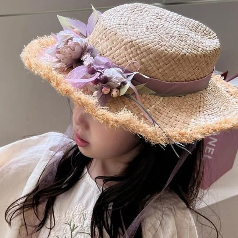 2023 Spring/Summer New Girls' Big brim Sun Protection Straw Hat Beach Travel UV Protection Handmade Flower Style