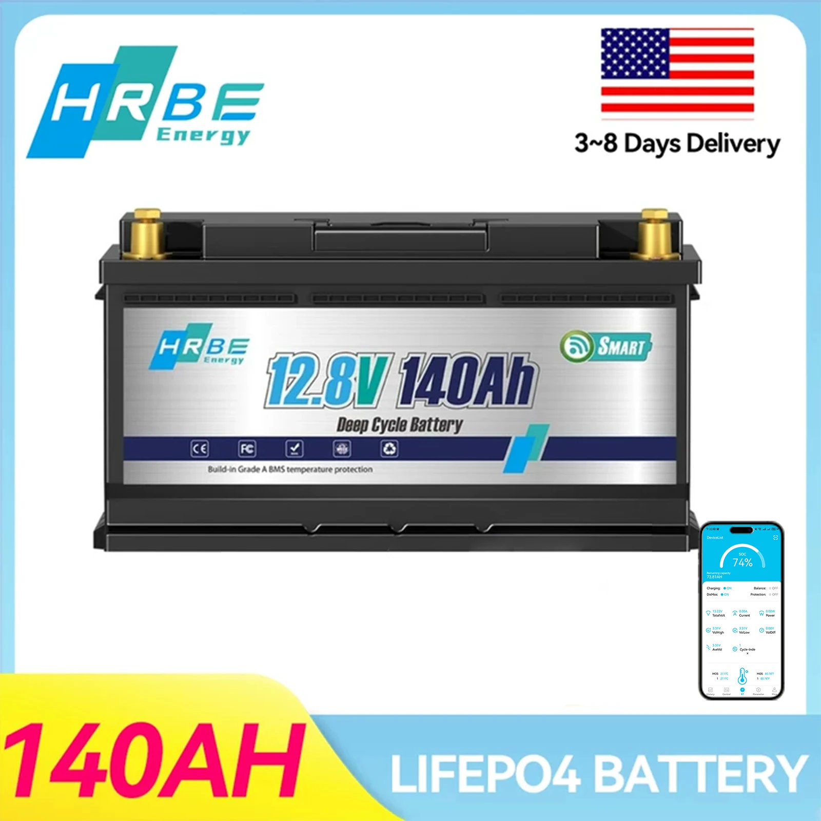 

HRBEEnergy 12 В 140 Ач LiFePO4 литиевая батарея с 100 А BMS, макс.1792 Втч энергии, глубокий цикл LiFePO4 батарея для троллингового двигателя, лодки