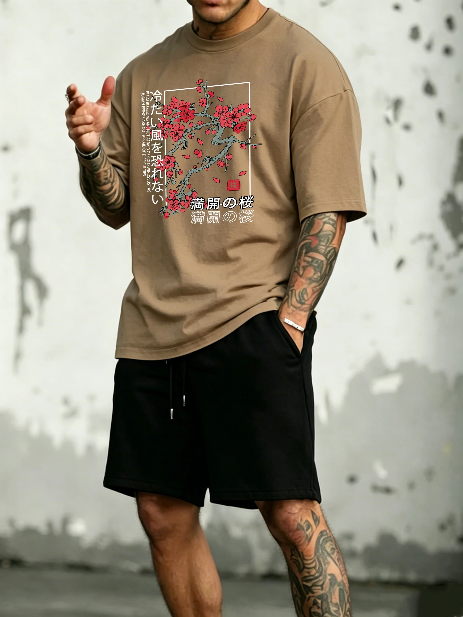

Japan Tokyo Beautiful Cherry Blossom Creative Letter Print Summer Loose Male Tees Set Basic Jogging Shorts Simple Comfy T Shirt