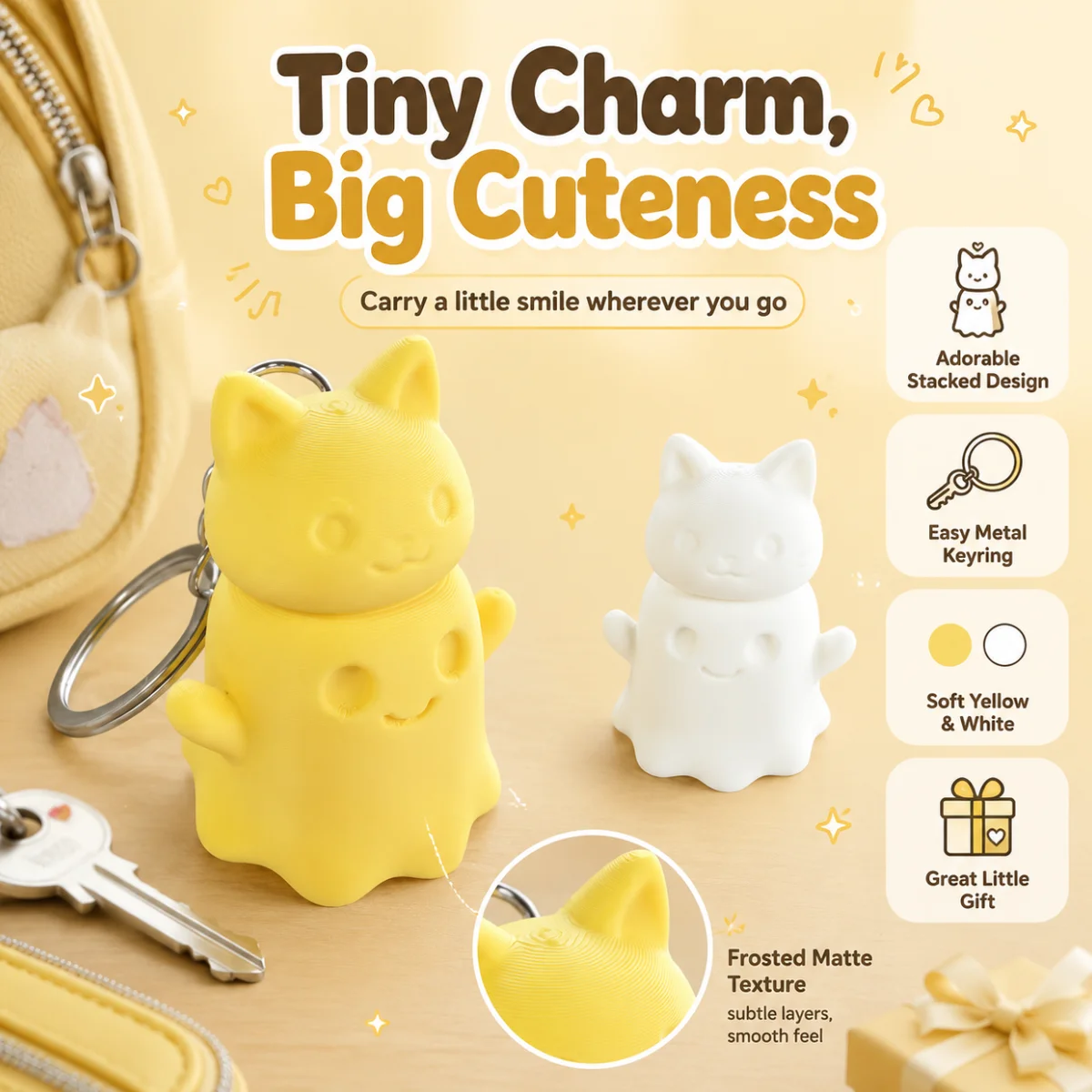 1pc Mini Cat Ghost Ornament, Eco-Friendly Solid PLA 3D Printed Pastel Halloween Holiday Style Table Display Bag Hanging Keychain
