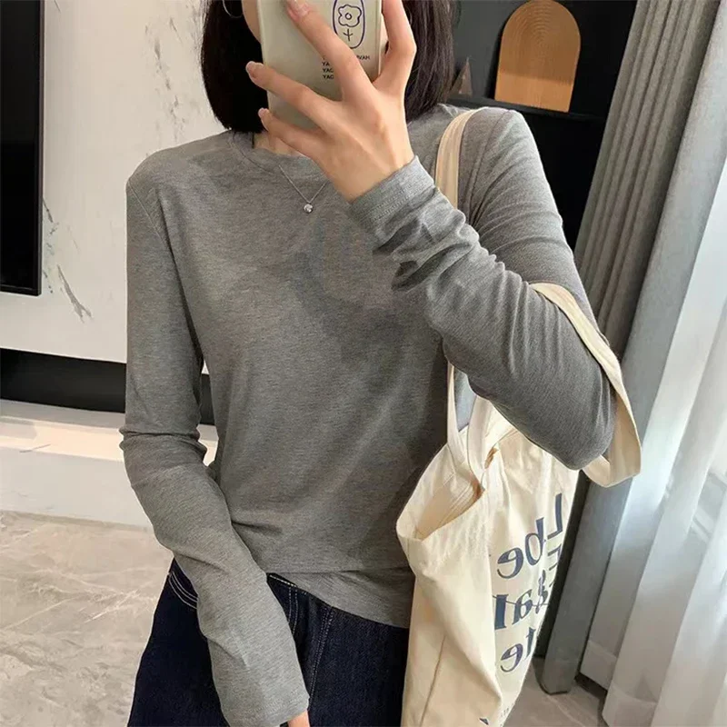 AOSSVIAO Herbst-Winter Slim Fit Schulter-Langarm-T-Shirt für Damen, trendiges Basic-T-Shirt mit Rundhalsausschnitt, superweich, vielseitiges, schlankmachendes Oberteil – Detail 8