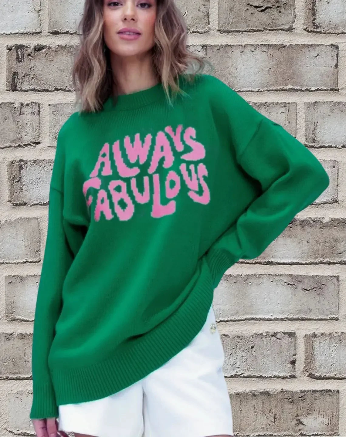 Autumn Winter Green Sweater Women Simple Pullover Knit Elastic Jumper Casual Thick PINKY Warm Y2k Letter Korean Jacquard Jumpers