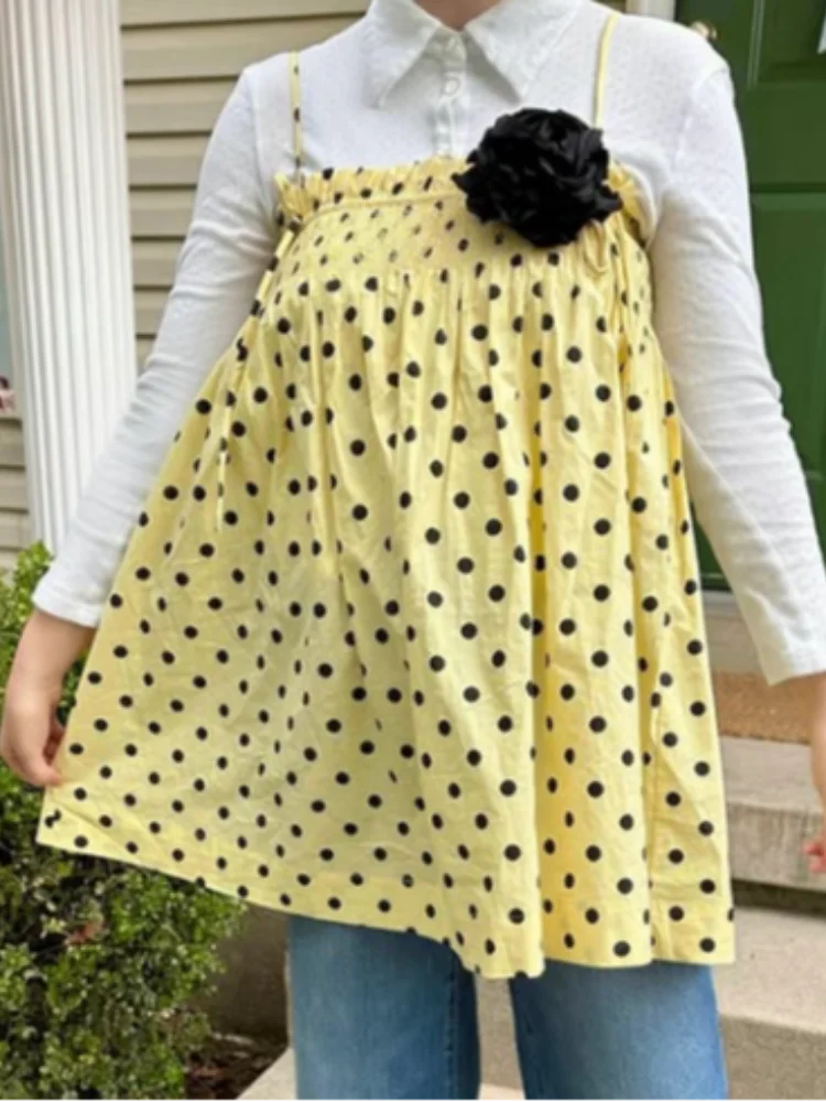 

Lovely Butter Yellow Mini Halter Dresses Sleeveless Loose Spot Lace Up Vestidos Ruffles Edge Robes 2025 Women Cute Short Dress