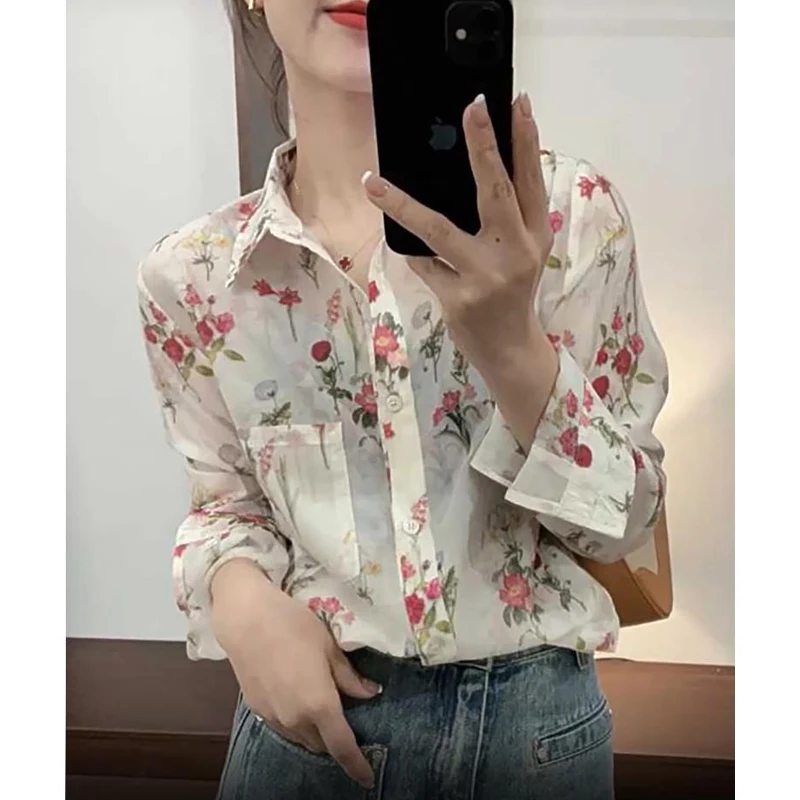 Women Stylish Vintage Floral Print Button Up Shirt Lapel Long Sleeve Loose Blouse Spring Summer Casual Pocket Chic Tops Camisas