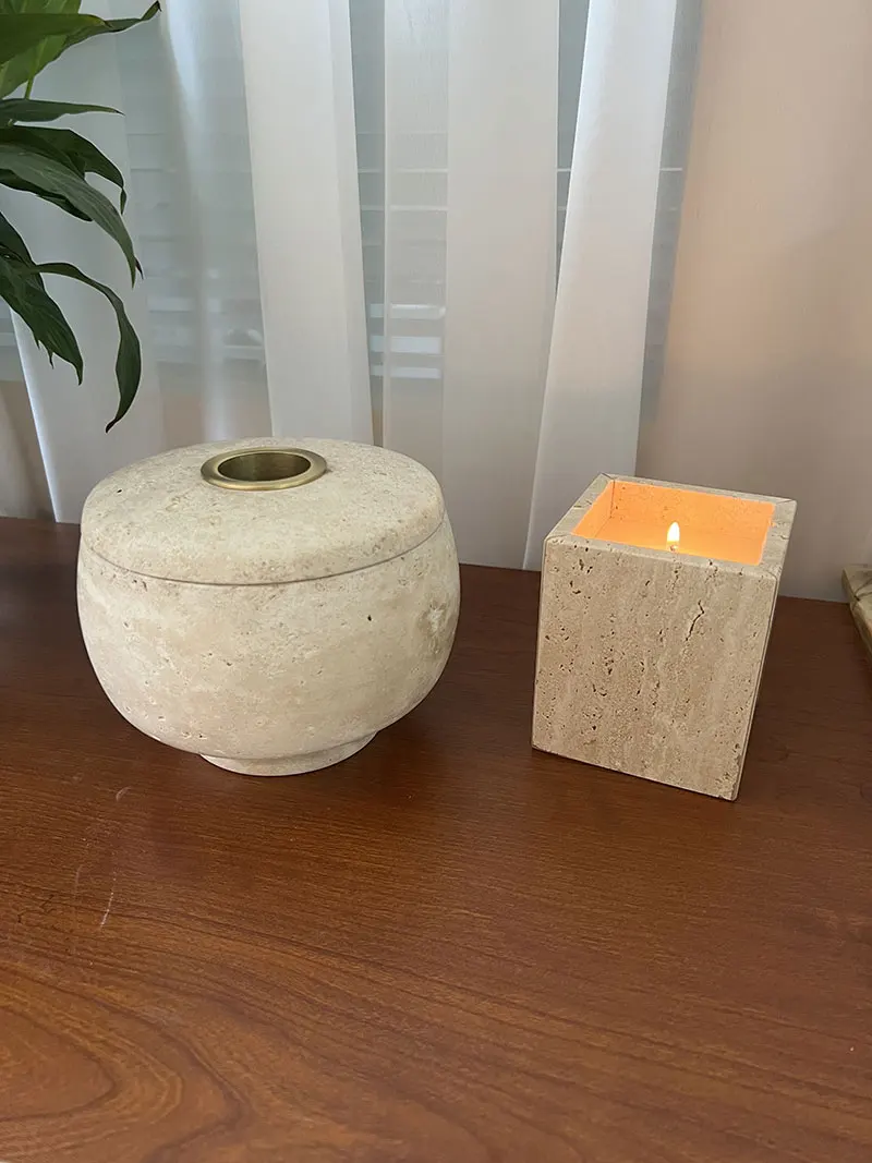 Vintage Wabi-Sabi Style Beige Travertine Diffuser Empty Jar Designer Incense Burner Candle Holder Decoration