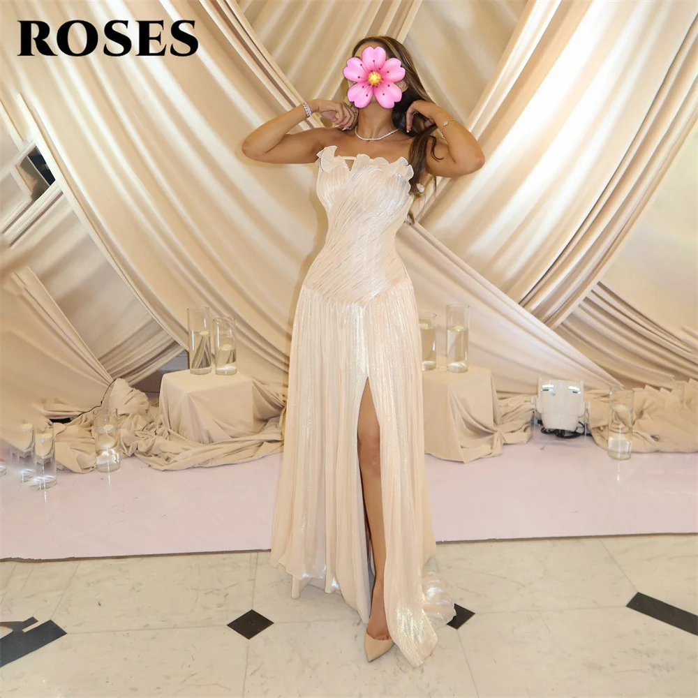 ROSES Beige Prom Dress Strapless Sleeveless Celebrity Dresses with Side Split A Line Women's Evening Dress for Gala Customized